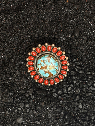 Number Eight Turquoise & Coral Cluster Ring | Ernest R. Begay
