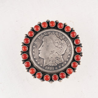1921 Mogan Dollar & Mediterannean Coral Ring | Kathleen Livingston