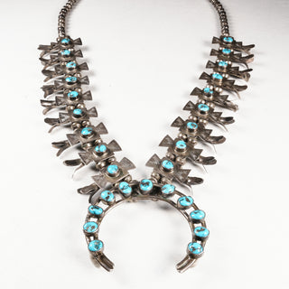 Old Pawn High Grade Persian Turquoise Squash Blossom Necklace | Artisan Handmade