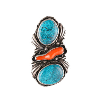 High Grade Kingman Turquoise & Branch Coral Ring | Tommy Jackson