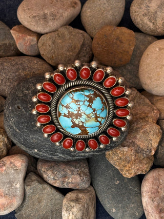 Number Eight Turquoise & Coral Cluster Ring | Ernest R. Begay
