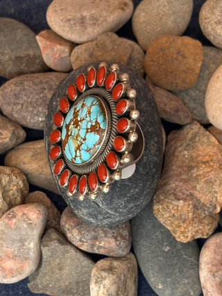 Number Eight Turquoise & Coral Cluster Ring | Ernest R. Begay