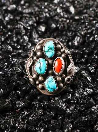 Vintage Lone Mountain Turquoise & Coral Ring | Linda Marble