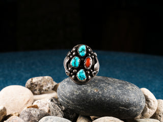 Vintage Lone Mountain Turquoise & Coral Ring | Linda Marble