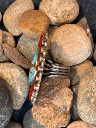 Number Eight Turquoise & Coral Cluster Ring | Ernest R. Begay