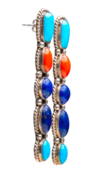 Kingman Turquoise, Coral, & Lapis Earrings | Navajo Handmade