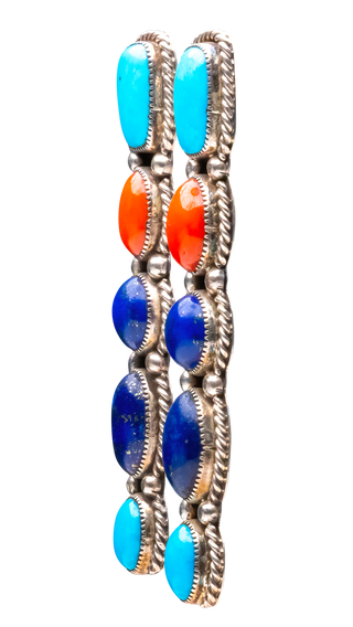 Kingman Turquoise, Coral, & Lapis Earrings | Navajo Handmade