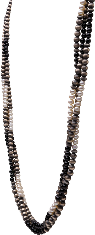Three-Strand Beads with Navajo Pearls, Onyx, & Mother of Pearl | Navajo Handmade