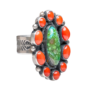 Coral & Sonoran Gold Turquoise Ring | Navajo Handmade