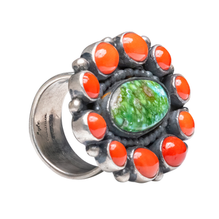 Coral & Sonoran Gold Turquoise Ring | Navajo Handmade