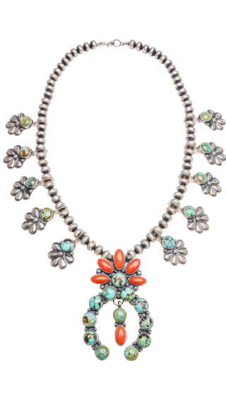 Royston Turquoise with Coral Squash Blossom Necklace & Earring Set | Hank Vandever