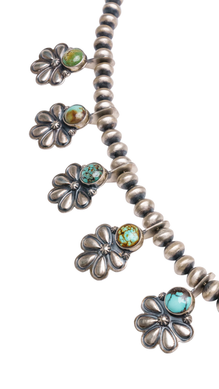 Royston Turquoise with Coral Squash Blossom Necklace & Earring Set | Hank Vandever