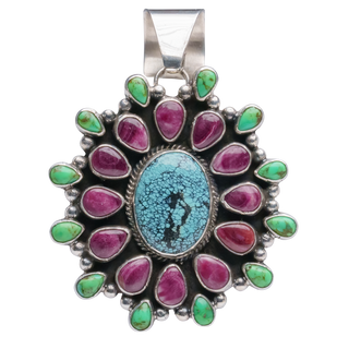 Spiderweb Kingman Turquoise Pendant with Gaspeite & Spiny Oyster Shell | Lillie Yazzie
