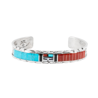 Sunface Inlay Bracelet with Coral, Onyx, Mother of Pearl, & Kingman Turquoise | Don Dewa