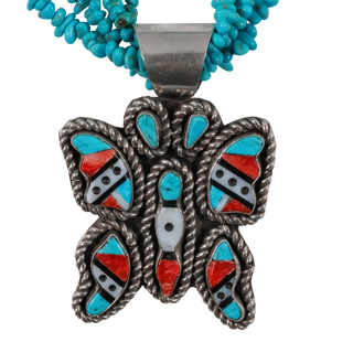 Jet, Spiny Oyster Shell, Dolomite, & Sleeping Beauty Turquoise Butterfly Necklace | Zuni Handmade