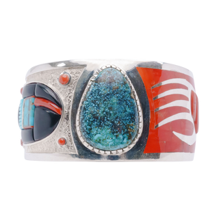 Corn Maiden & Badger Cuff with Spiderweb Kingman Turquoise, Coral, & Jet | Michael Perry
