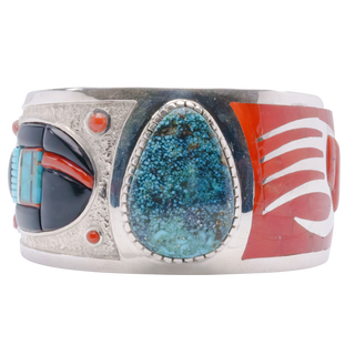 Corn Maiden & Badger Cuff with Spiderweb Kingman Turquoise, Coral, & Jet | Michael Perry