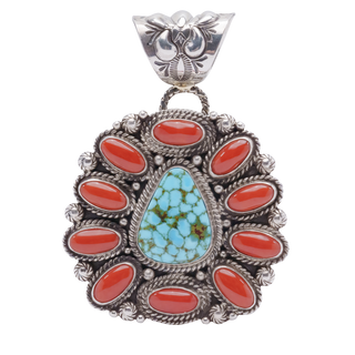 Handstamped Sterling Silver Cluster Pendant with Coral & Kingman Turquoise | Tyler Brown