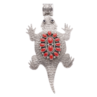 Handstamped Horned Toad Pin & Pendant with Coral & Onyx | Lee Charley