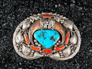 Vintage Persian Turquoise, Coral, & Bear Claw Belt Buckle | Artisan Handmade