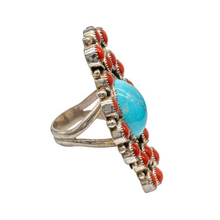 Coral & Kingman Turquoise Ring | Navajo Handmade