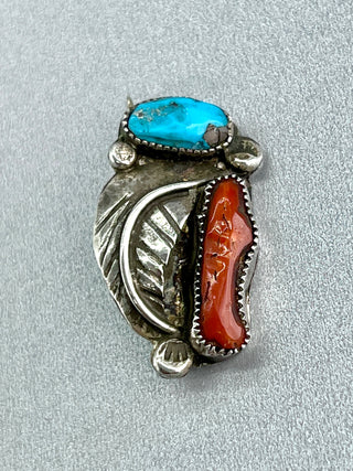 Kingman Turquoise & Coral Overlay Pin | Artisan Handmade